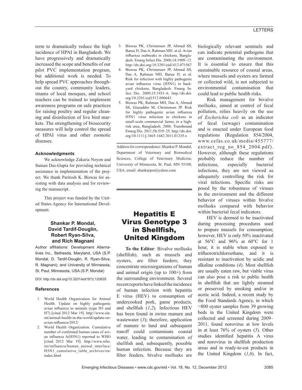 Hepatitis E Virus Genotype 3 in Shellfish, United Kingdom