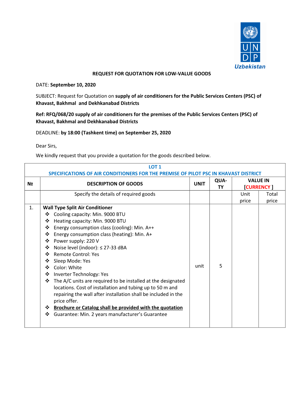 Request for Quotation on Supply of Air Conditioners for the Public Services Centers (PSC) of Khavast, Bakhmal and Dekhkanabad Districts