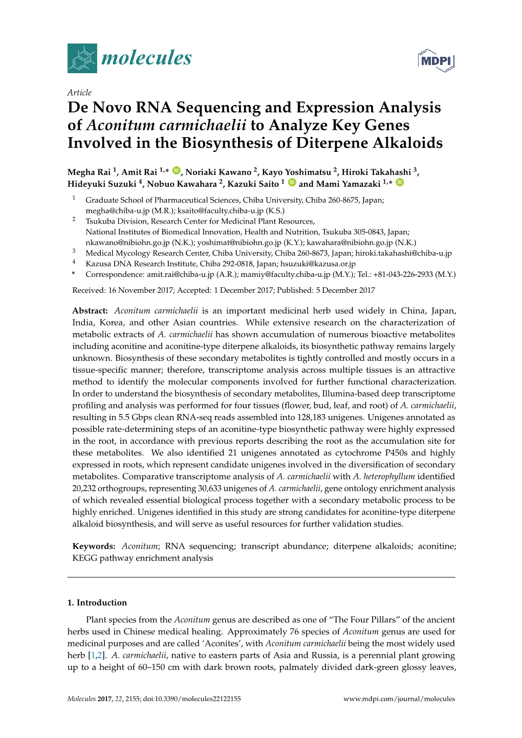 De Novo RNA Sequencing and Expression Analysis of Aconitum Carmichaelii to Analyze Key Genes Involved in the Biosynthesis of Diterpene Alkaloids