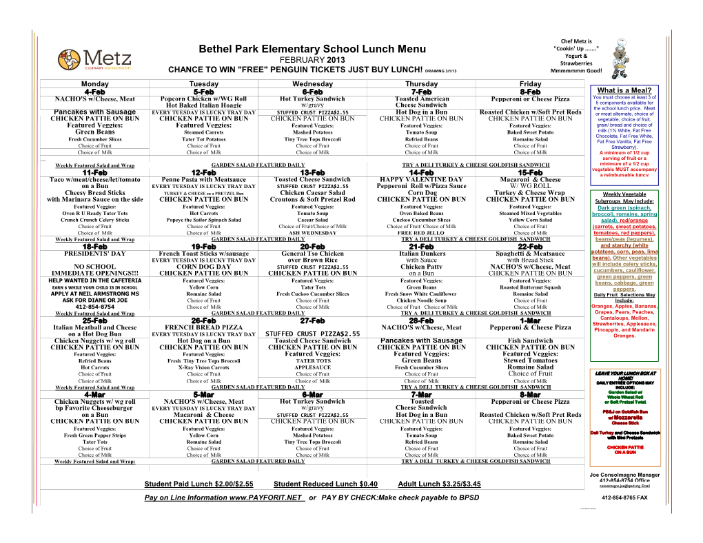 Bethel Park Elementary School Lunch Menu 