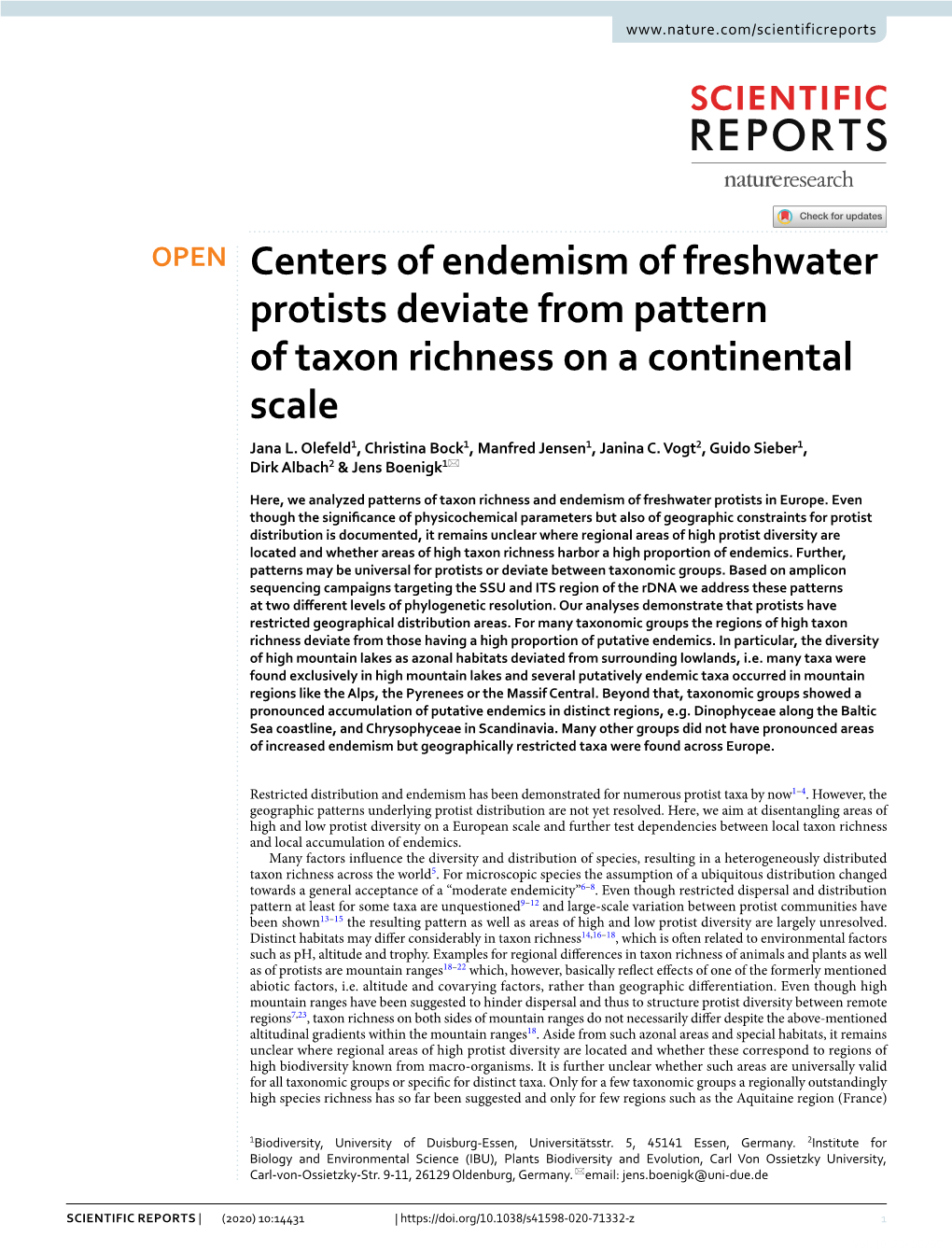 Centers of Endemism of Freshwater Protists Deviate from Pattern of Taxon Richness on a Continental Scale Jana L