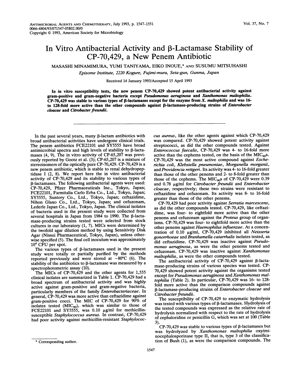 CP-70429, a New Penem Antibiotic