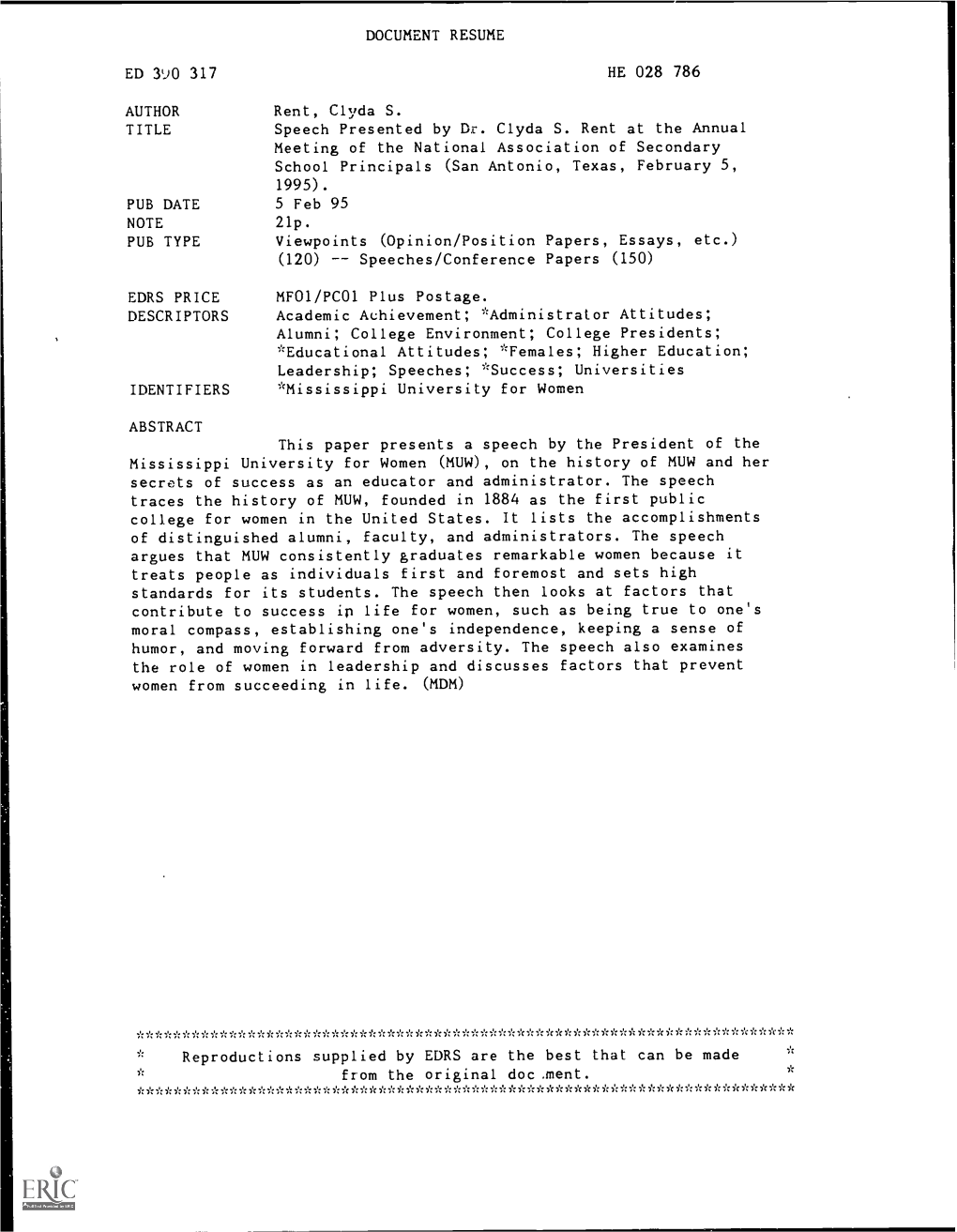 Speech Presented by Dr. Clyda S. Rent at the Annual Meeting of the National Association of Secondary School Principals (San Antonio, Texas, February 5, 1995)