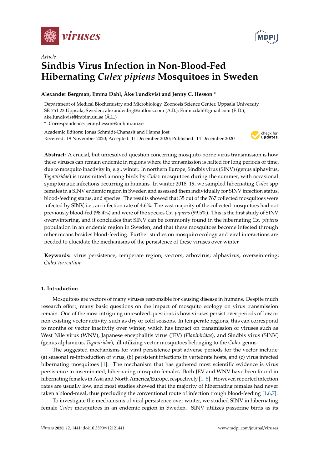 Sindbis Virus Infection in Non-Blood-Fed Hibernating Culex Pipiens Mosquitoes in Sweden