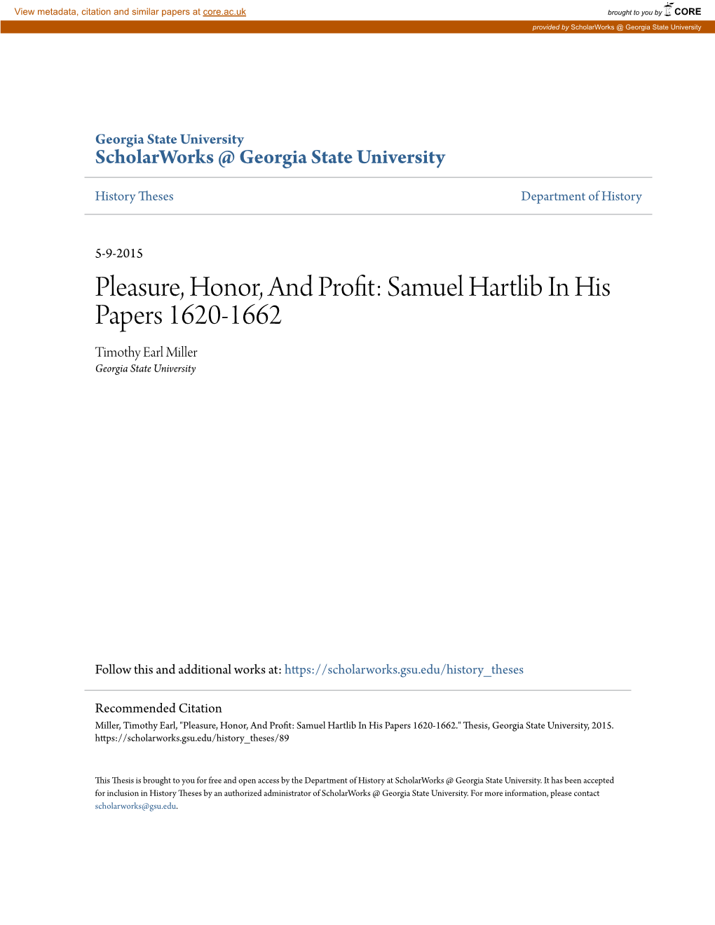 Samuel Hartlib in His Papers 1620-1662 Timothy Earl Miller Georgia State University