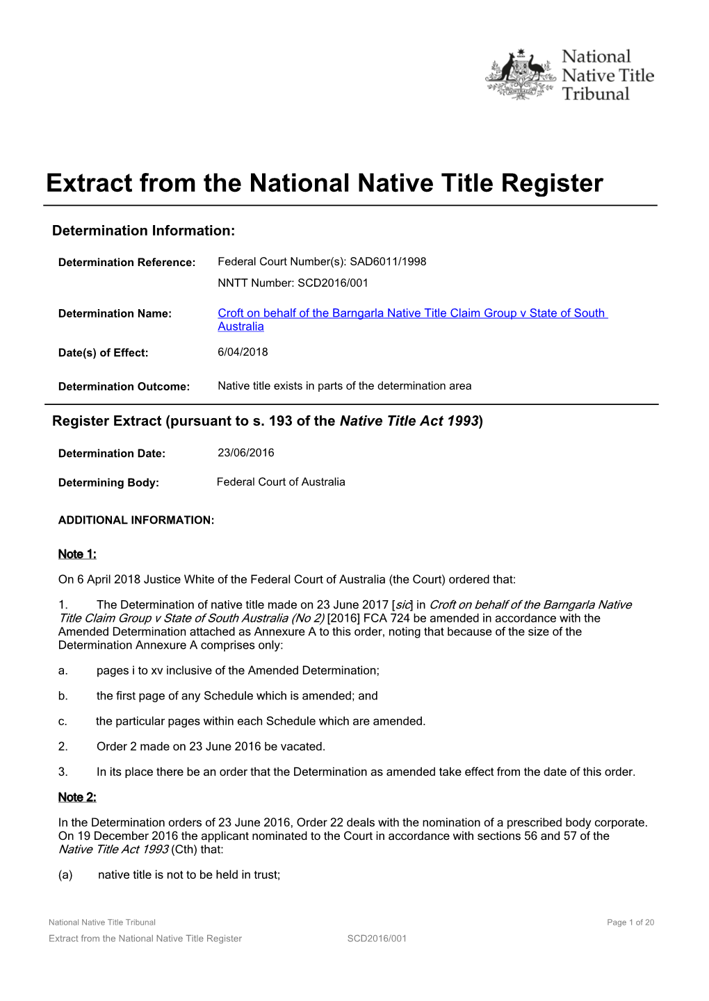 Extract from the National Native Title Register