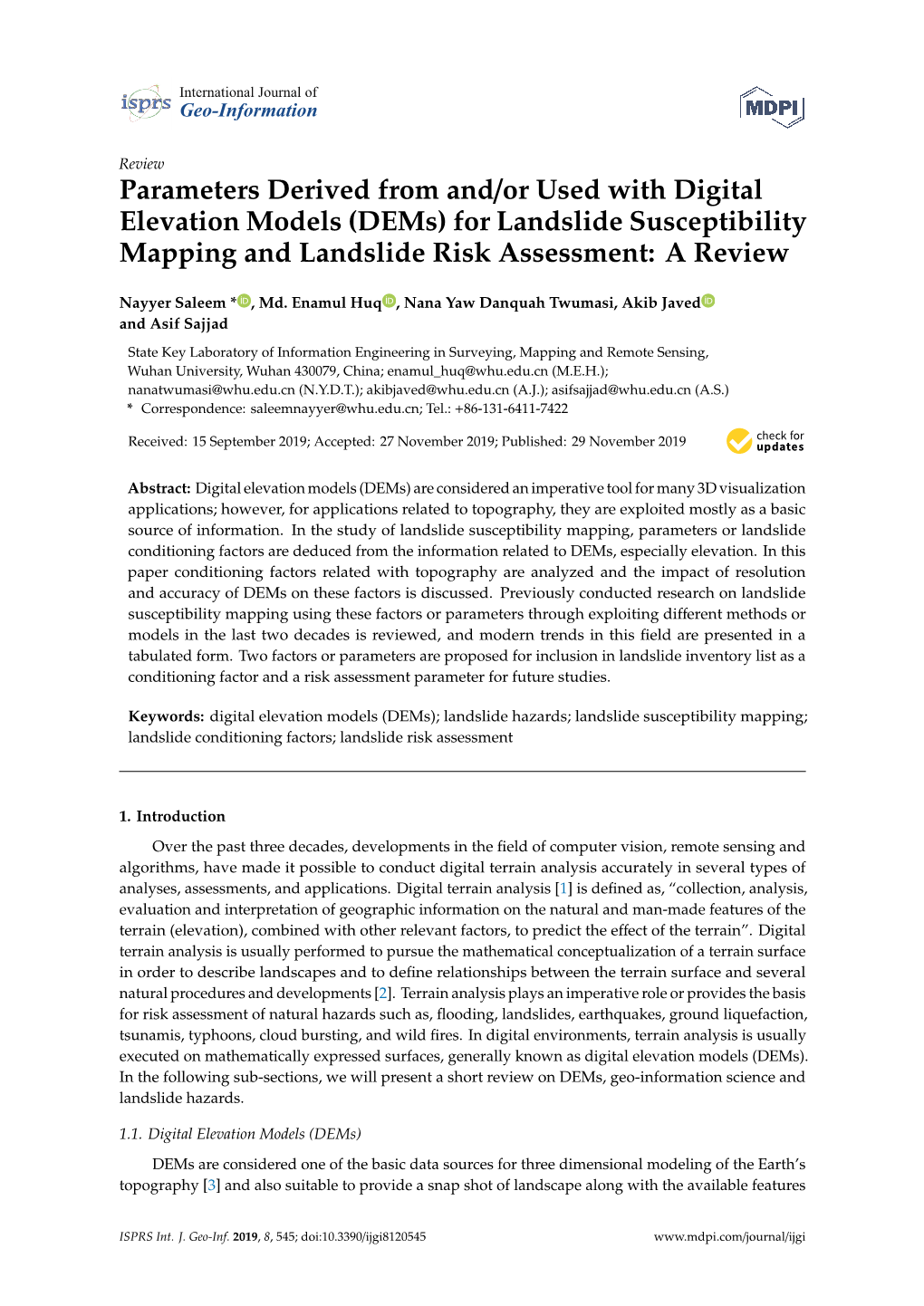 Parameters Derived from And/Or Used with Digital Elevation Models (Dems) for Landslide Susceptibility Mapping and Landslide Risk Assessment: a Review