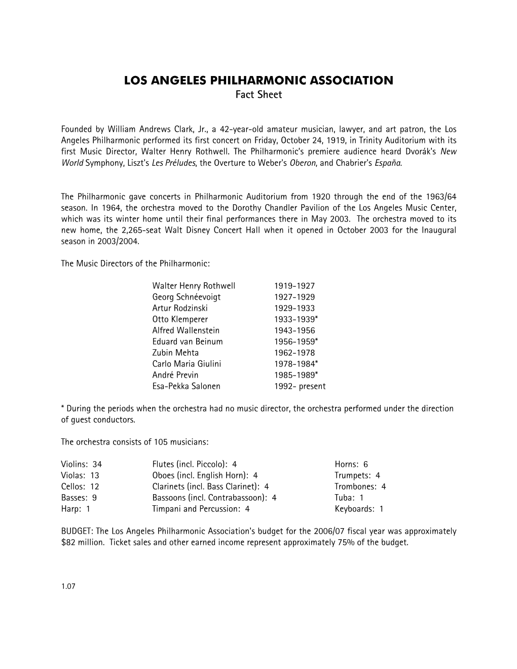 LOS ANGELES PHILHARMONIC ASSOCIATION Fact Sheet