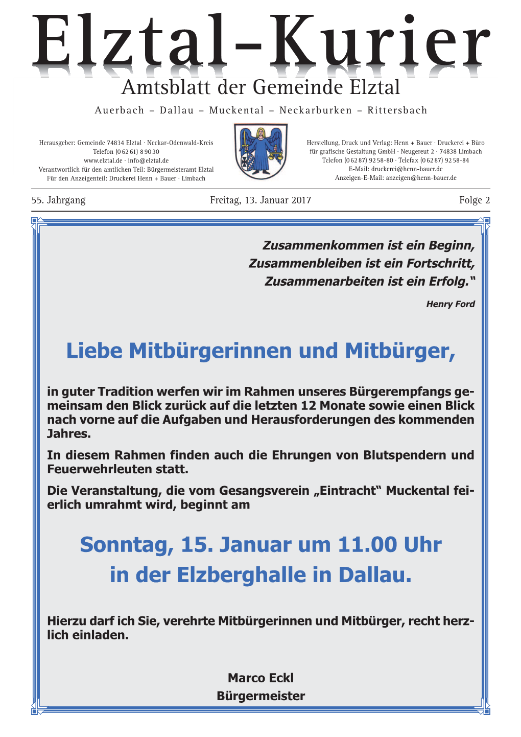 Amtsblatt Der Gemeinde Elztal Auerbach – Dallau – Muckental – Neckarburken – Rittersbach