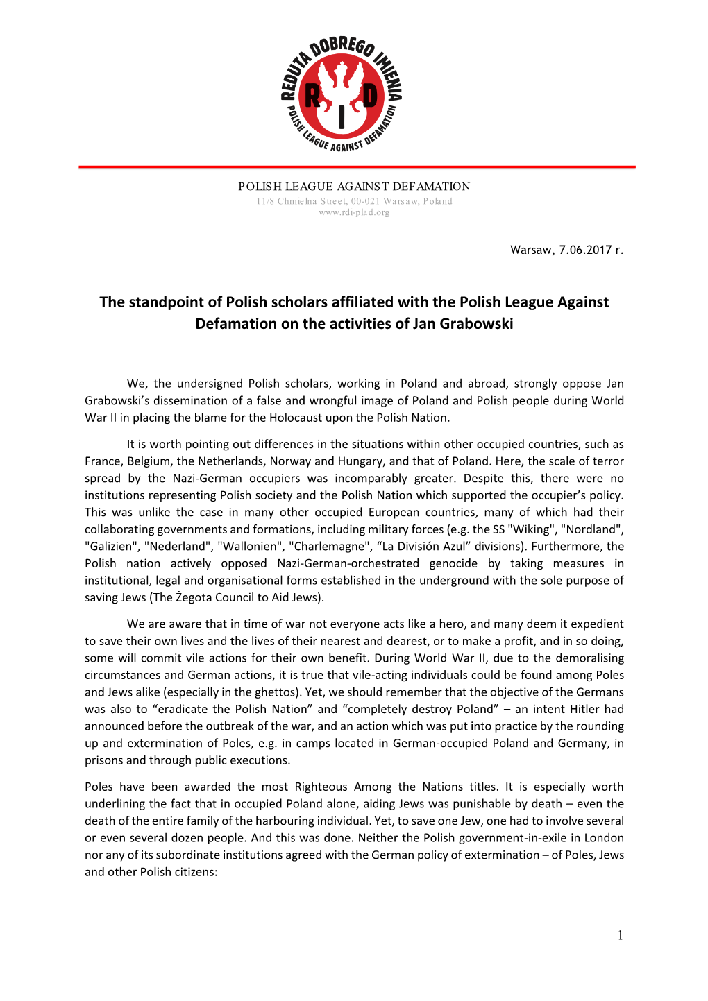 The Standpoint of Polish Scholars Affiliated with the Polish League Against Defamation on the Activities of Jan Grabowski