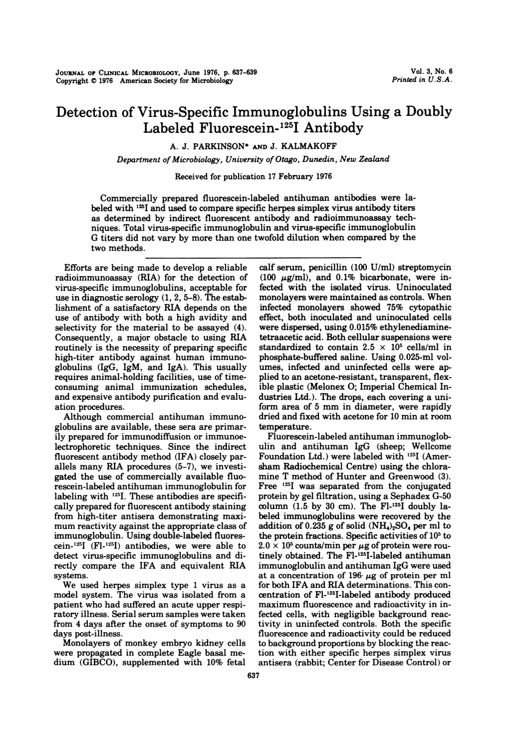 Detection of Virus-Specific Immunoglobulins Using a Doubly Labeled Fluorescein- 125I Antibody A