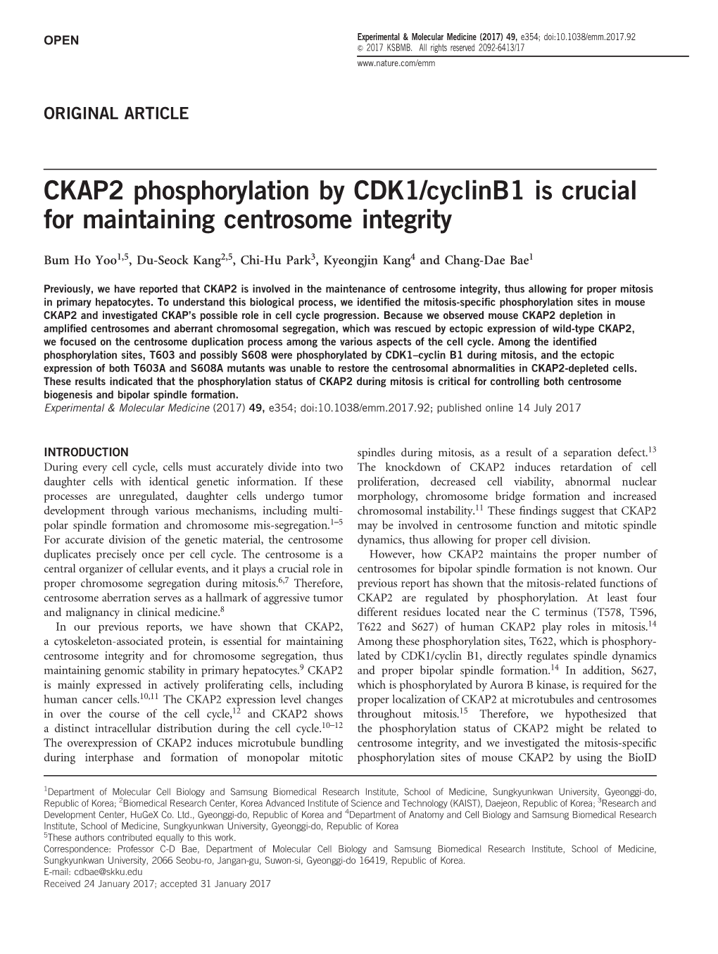 CKAP2 Phosphorylation by CDK1/Cyclinb1 Is Crucial for Maintaining Centrosome Integrity