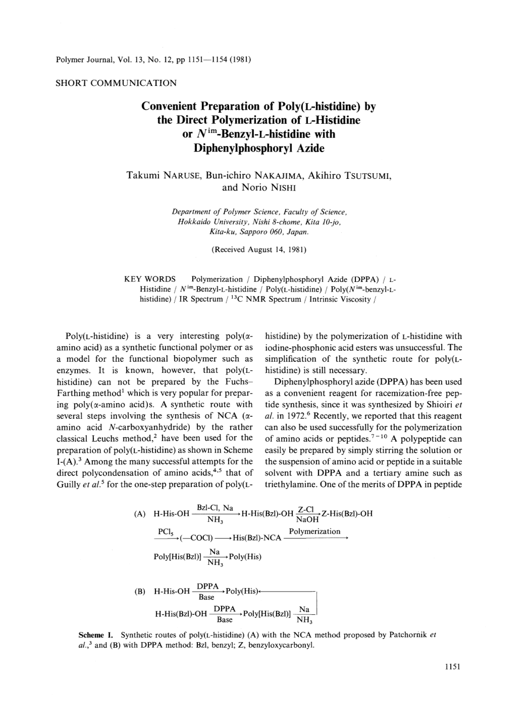 Convenient Preparation of Poly(L-Histidine) by the Direct Polymerization of L-Histidine Or Nim Benzyl-L-Histidine with Diphenylphosphoryl Azide