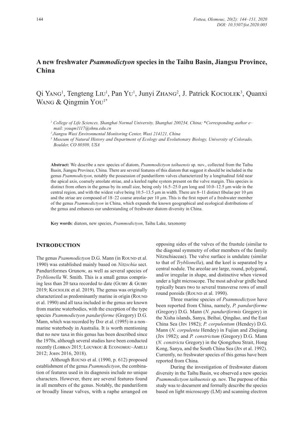 A New Freshwater Psammodictyon Species in the Taihu Basin, Jiangsu Province, China