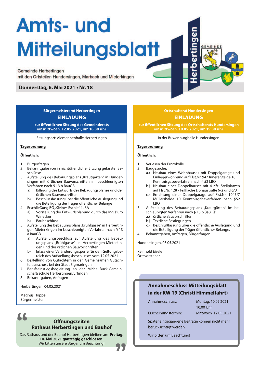 Donnerstag, 6. Mai 2021 • Nr. 18 EINLADUNG EINLADUNG Öffnungszeiten Rathaus Herbertingen Und Bauhof Annahmeschluss Mitteilun