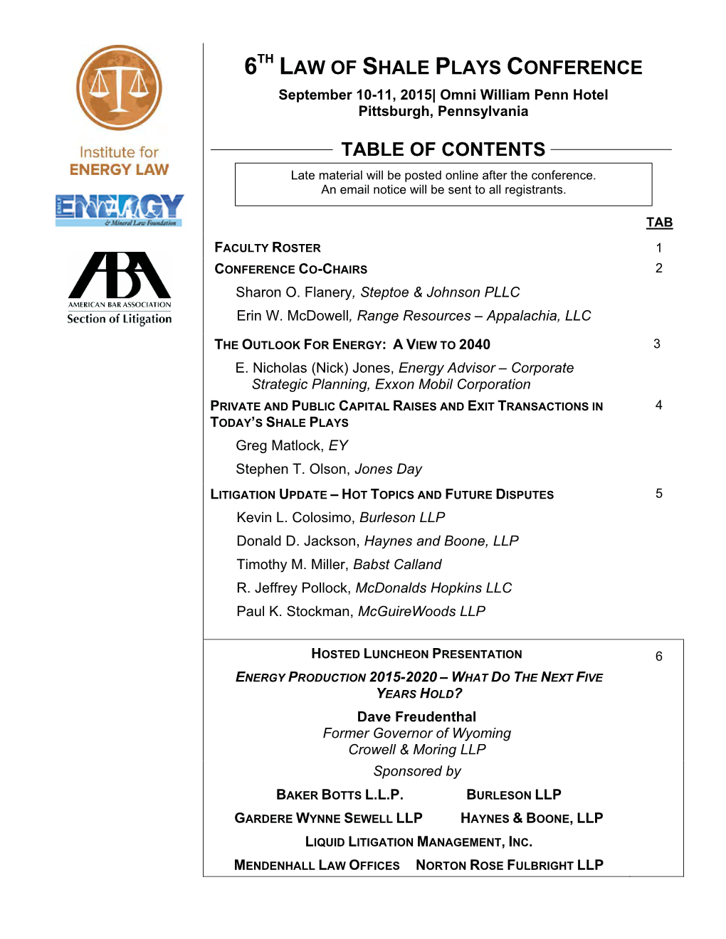 Law of Shale Plays Conference Table of Contents