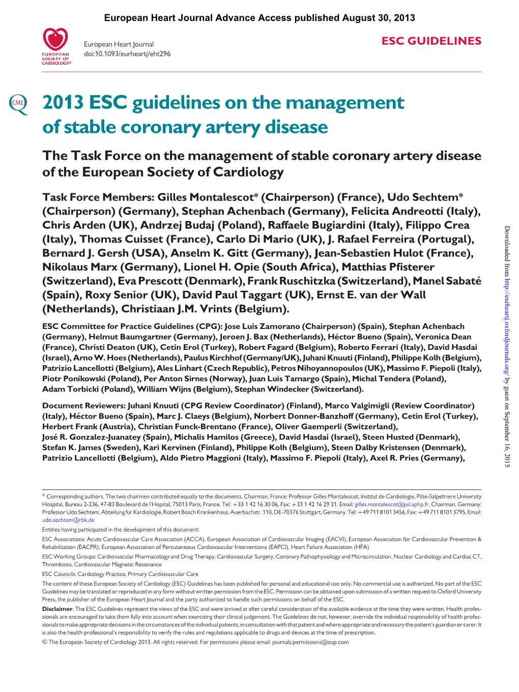 2013 ESC Guidelines on the Management of Stable Coronary