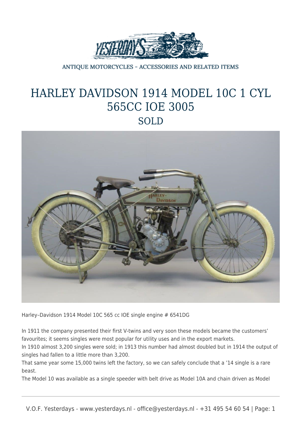 Harley Davidson 1914 Model 10C 1 Cyl 565Cc Ioe 3005 Sold