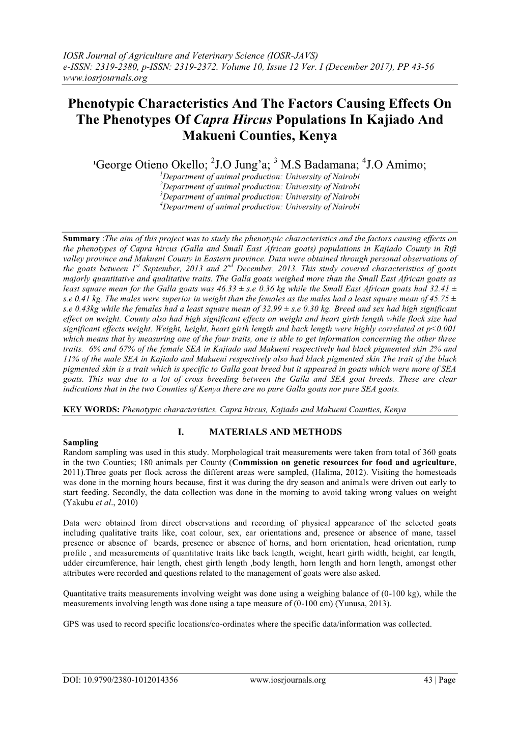 Phenotypic Characteristics and the Factors Causing Effects on the Phenotypes of Capra Hircus Populations in Kajiado and Makueni Counties, Kenya