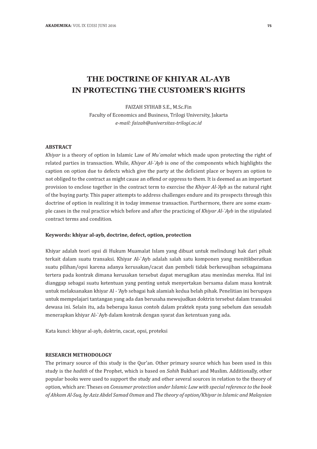 The Doctrine of Khiyar Al-Ayb in Protecting the Customer’S Rights