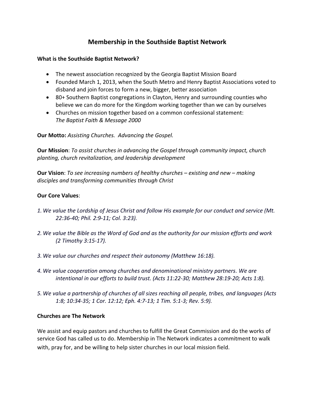 Membership in the Southside Baptist Network