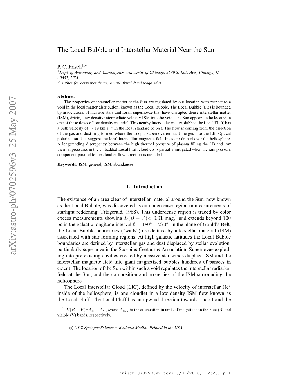 Arxiv:Astro-Ph/0702596V3 25 May 2007 Nieo H Eishr,I N Lulti O Est IS Towa Density Direction Low Upwind an a Has in Fluff Cloudlet Local the One Fluff