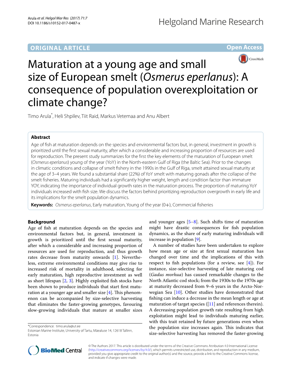 Maturation at a Young Age and Small Size of European Smelt (Osmerus