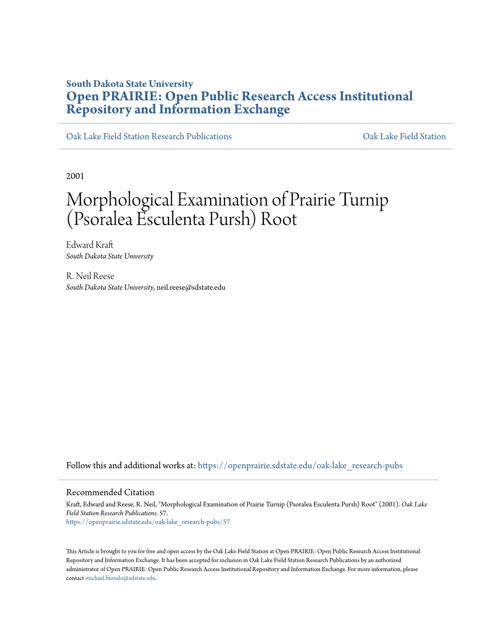 Morphological Examination of Prairie Turnip (Psoralea Esculenta Pursh) Root Edward Kraft South Dakota State University