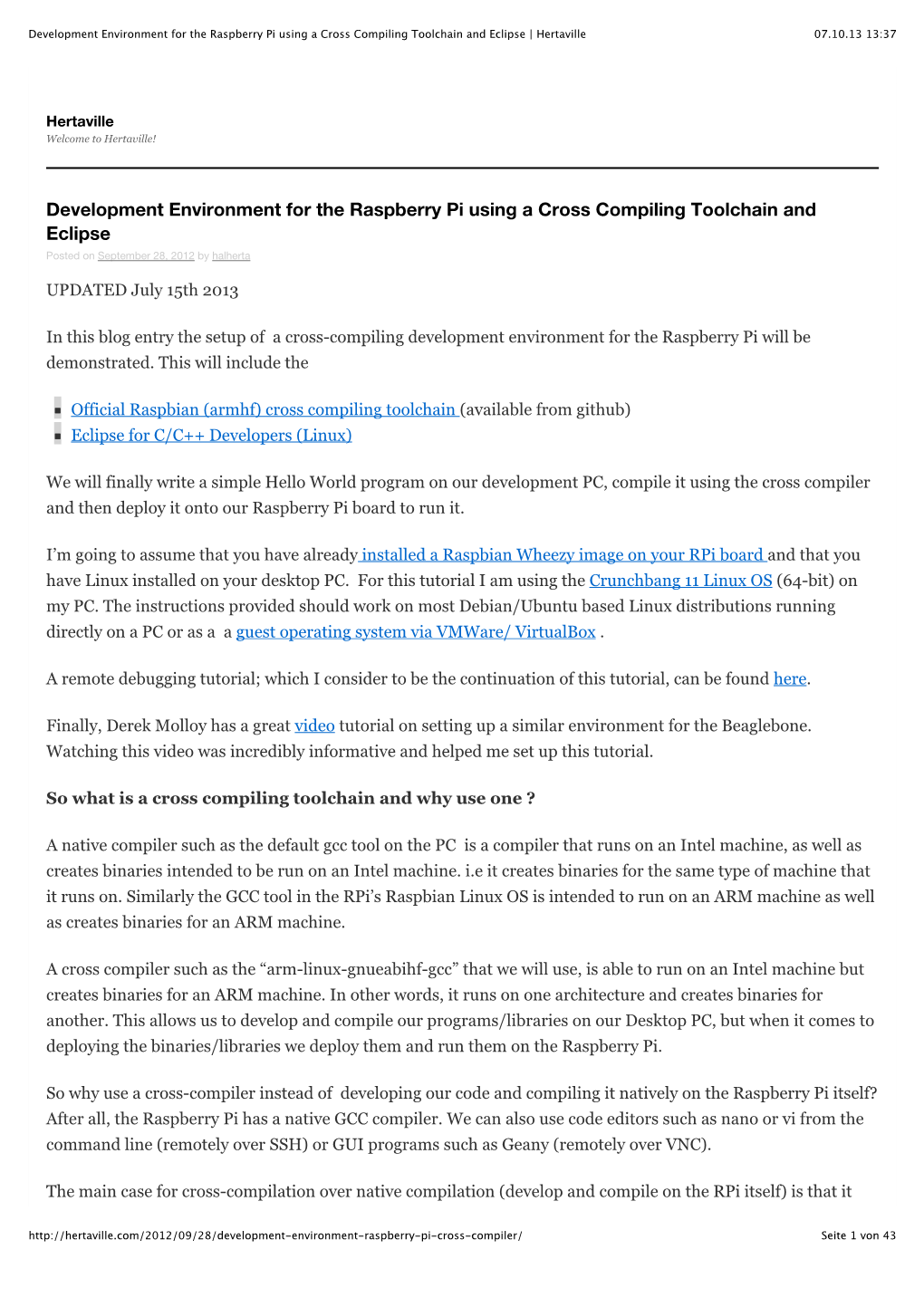 Development Environment for the Raspberry Pi Using a Cross Compiling Toolchain and Eclipse | Hertaville 07.10.13 13:37