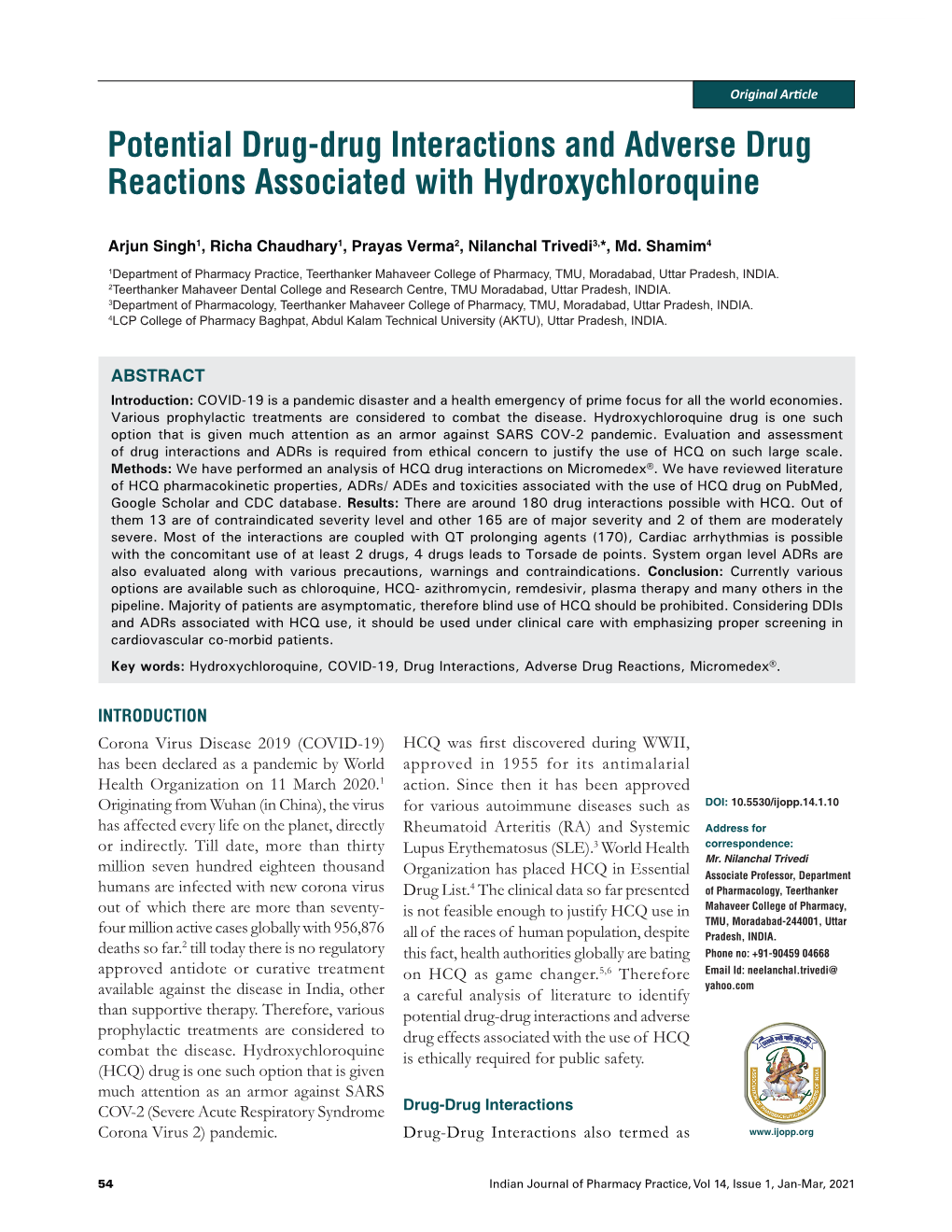 Potential Drug-Drug Interactions and Adverse Drug Reactions Associated with Hydroxychloroquine