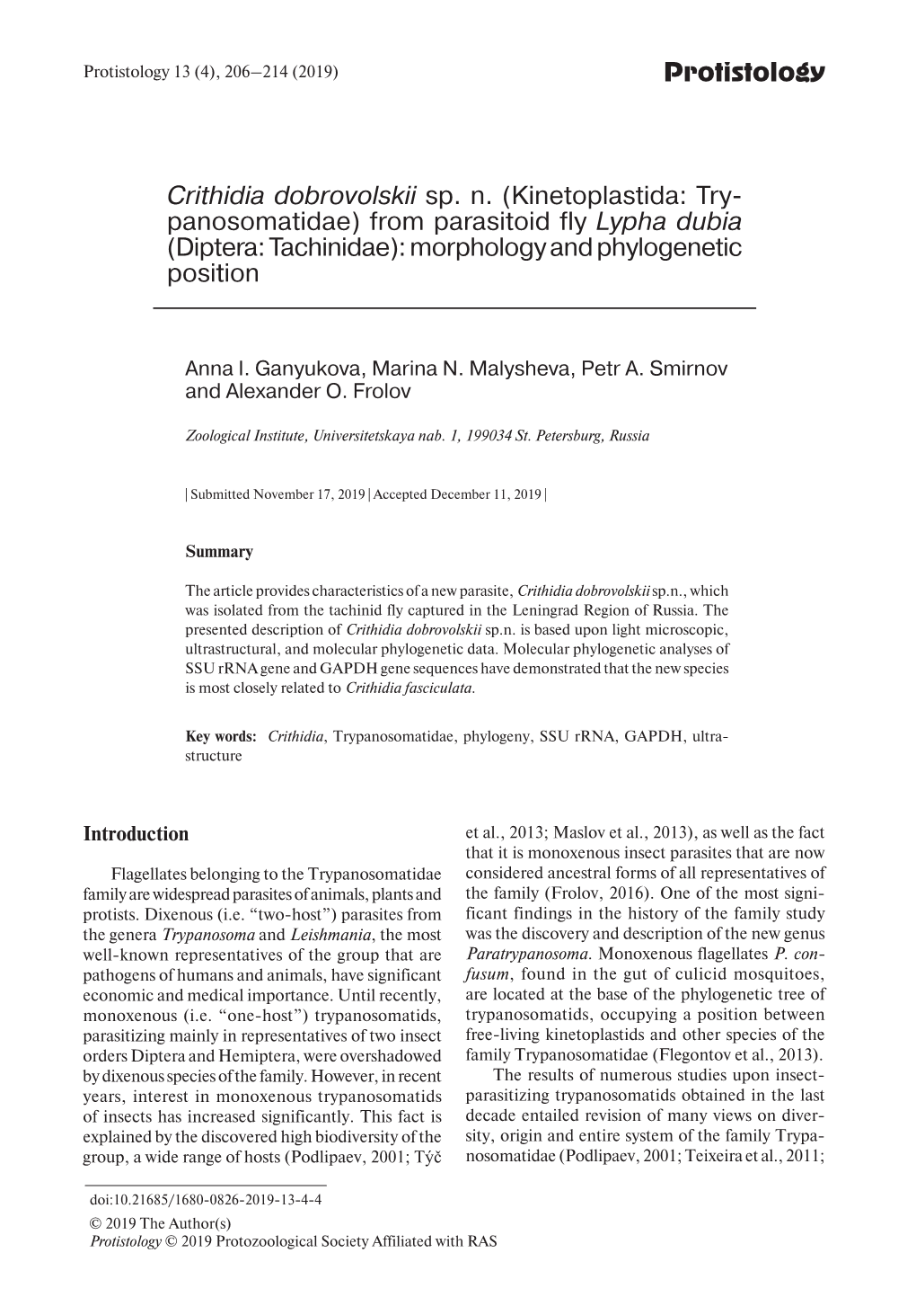 Protistology Crithidia Dobrovolskii Sp. N. (Kinetoplastida: Try