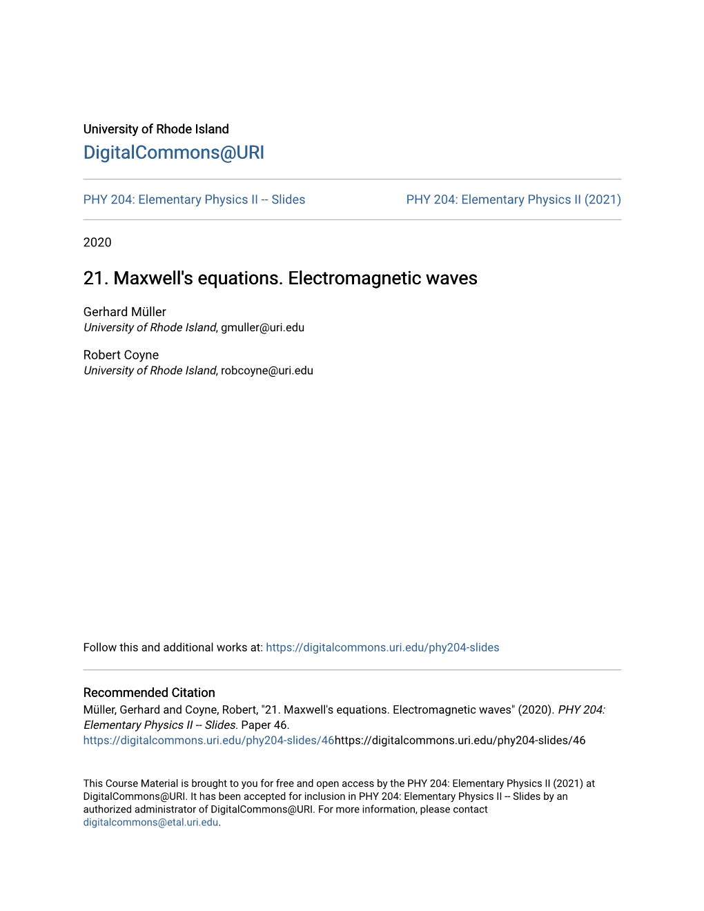 21. Maxwell's Equations. Electromagnetic Waves