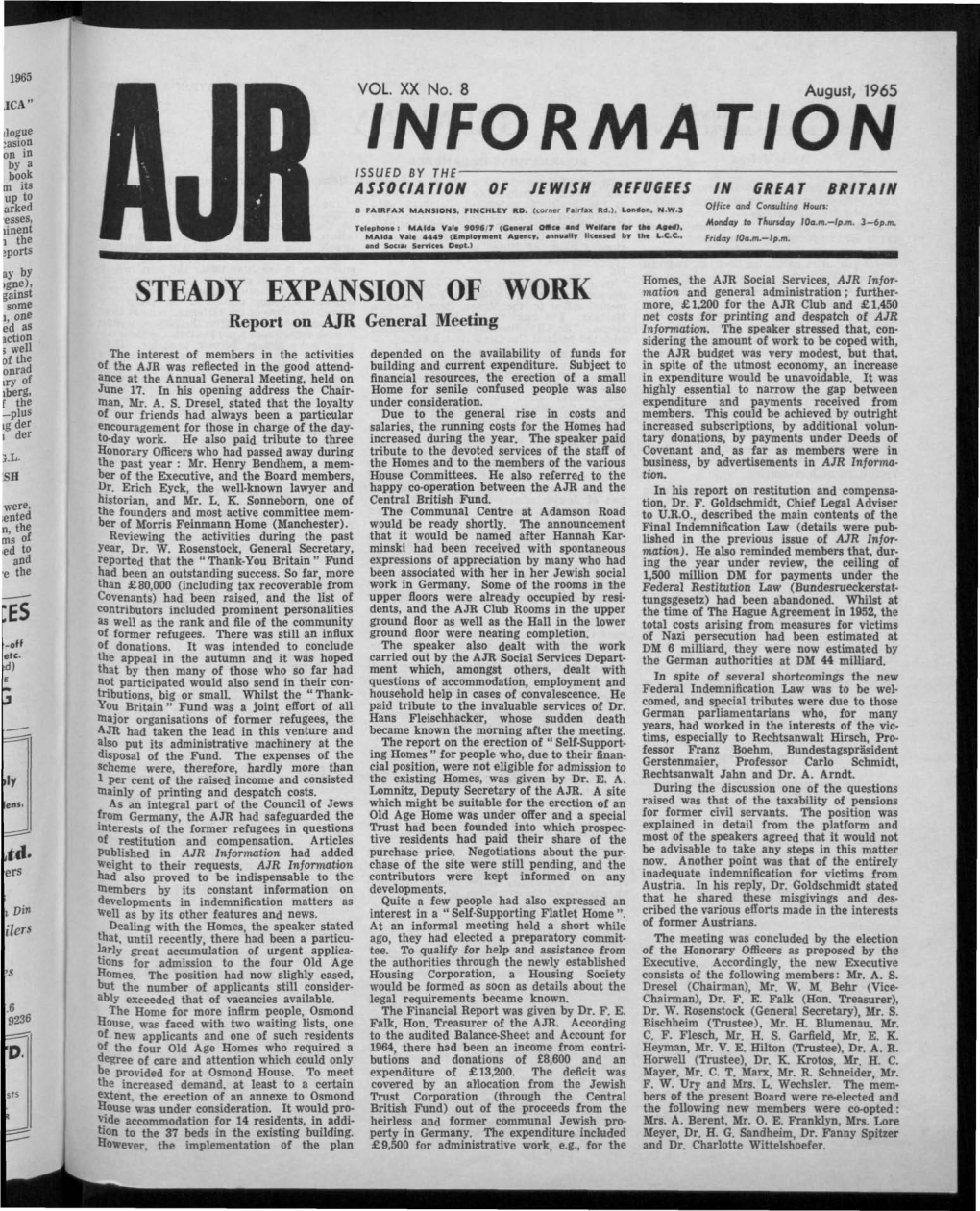 INFORMATION ISSUED by the ASSOCIATION of JEWISH REFUGEES in GREAT BRITAIN 0//Ice and Consulting Hours: B FAIRFAX MANSIONS, FINCHLEY RD