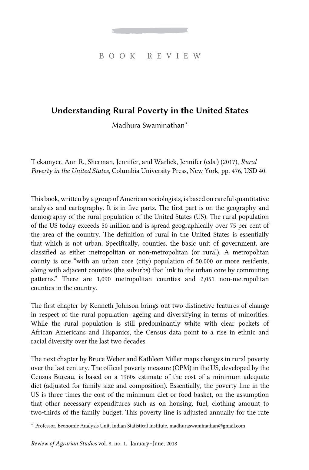 Understanding Rural Poverty in the United States Madhura Swaminathan*