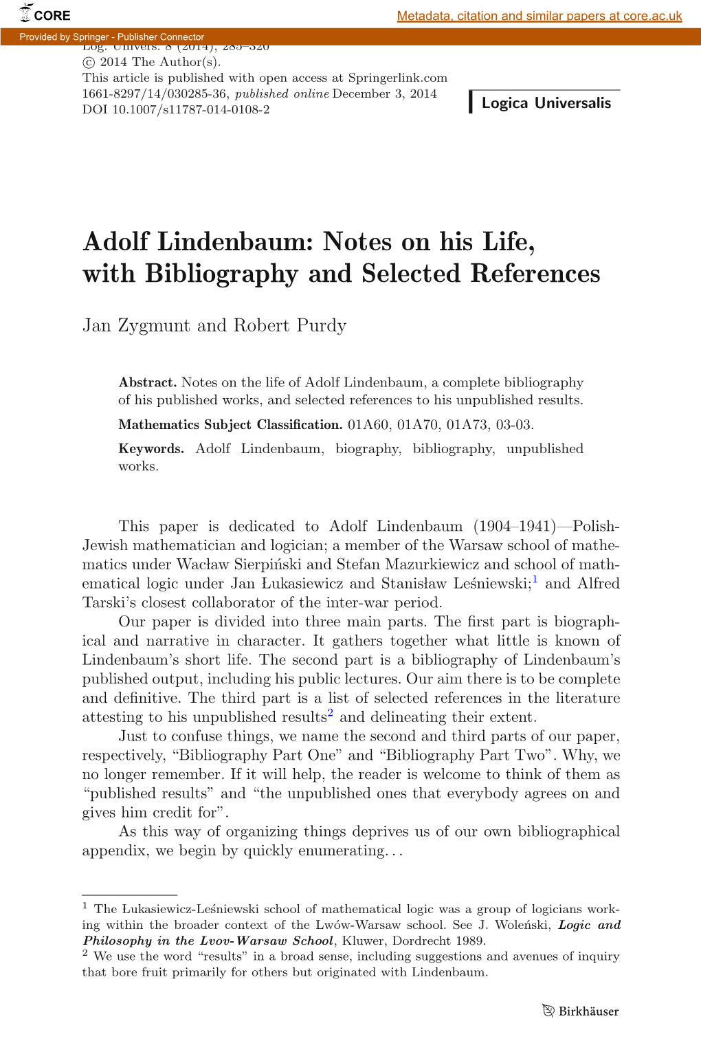 Adolf Lindenbaum: Notes on His Life, with Bibliography and Selected References