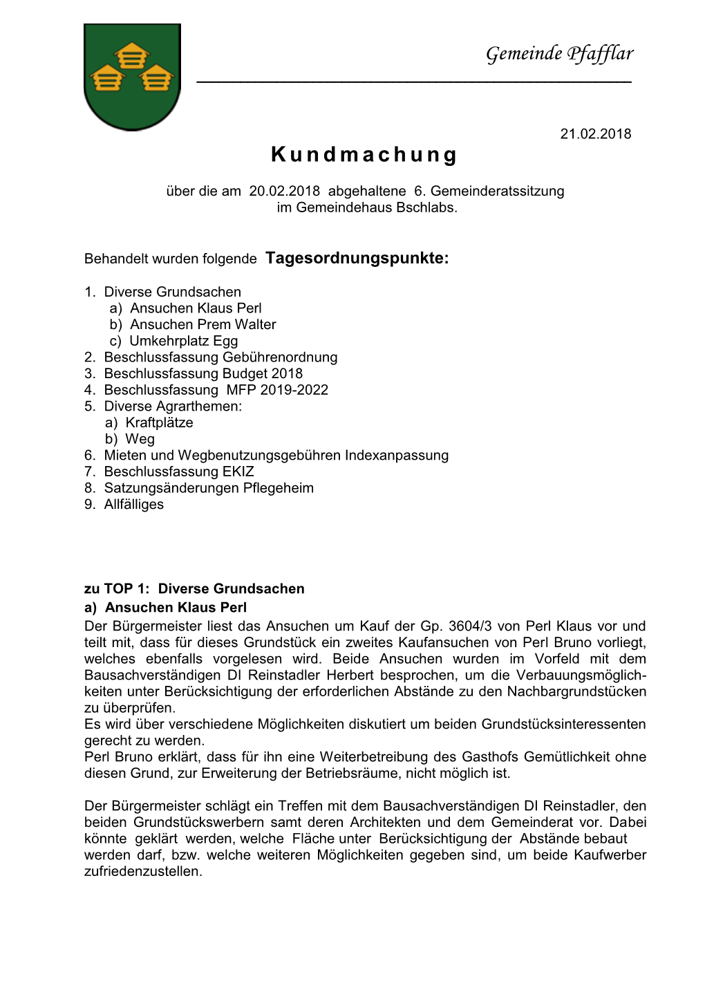 Kundmachung Gemeinde Pfafflar