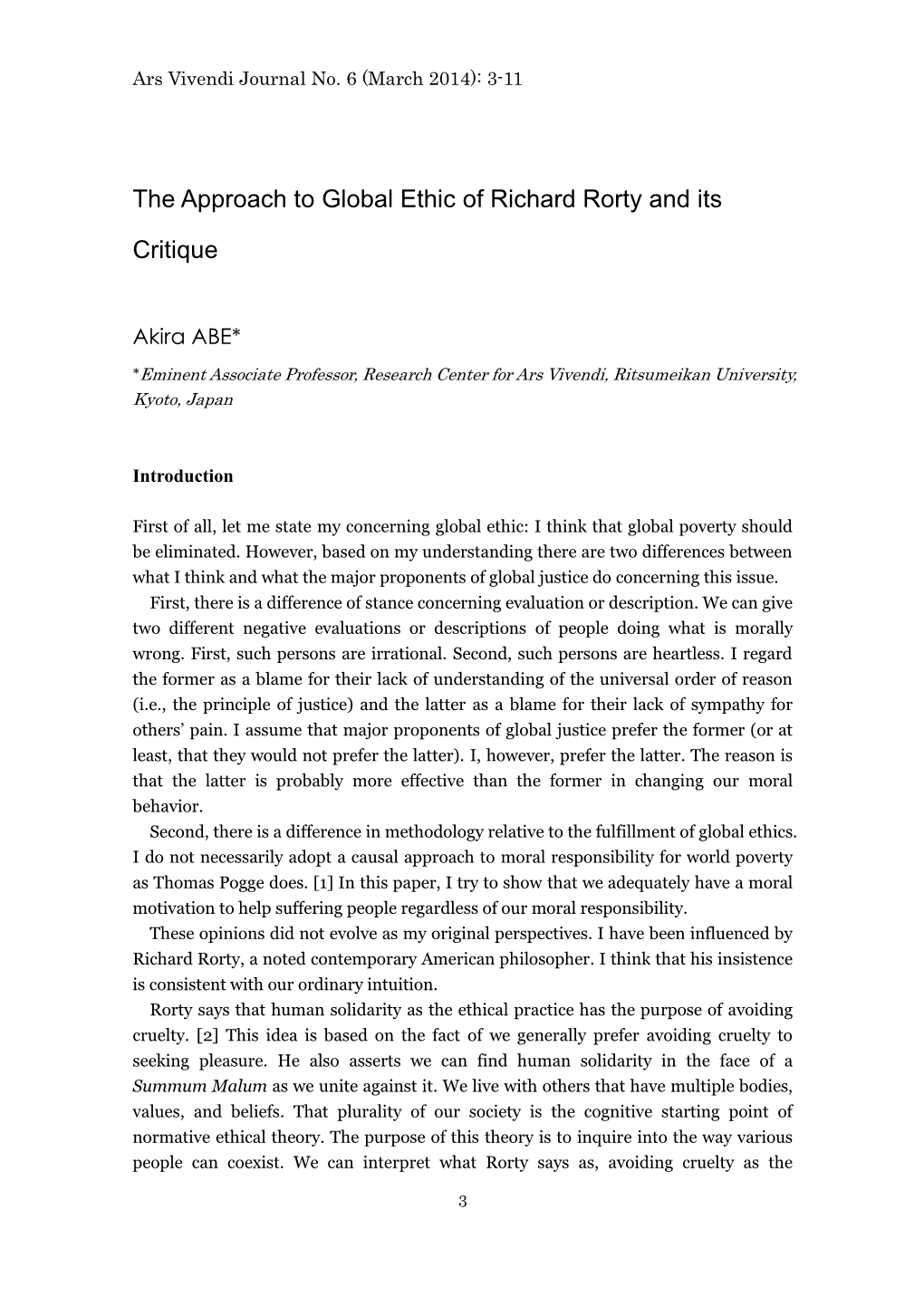 The Approach to Global Ethic of Richard Rorty and Its Critique