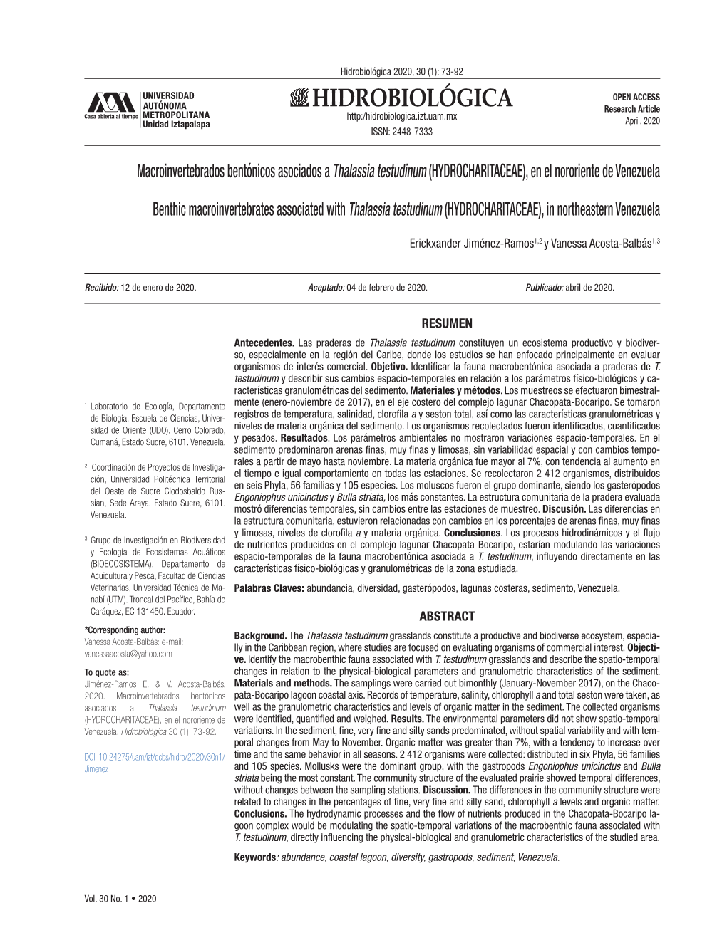 Hidrobiológica 2020, 30 (1): 73-92