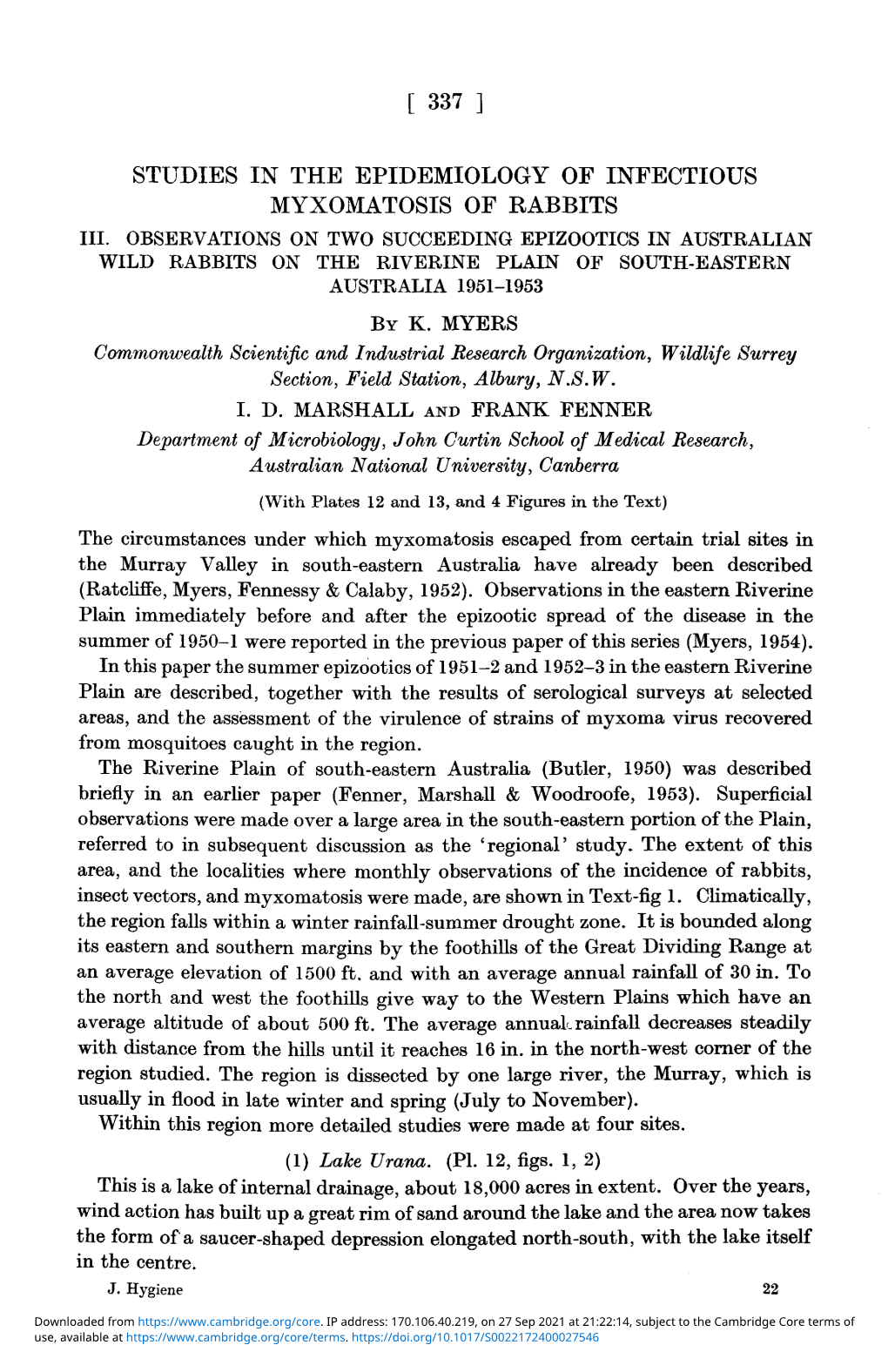 Studies in the Epidemiology of Infectious Myxomatosis of Rabbits: III