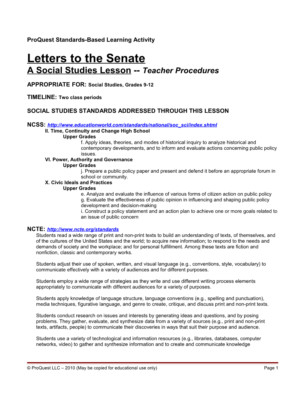 Lesson Plan: Social Studies 9-12 Letter to Senate