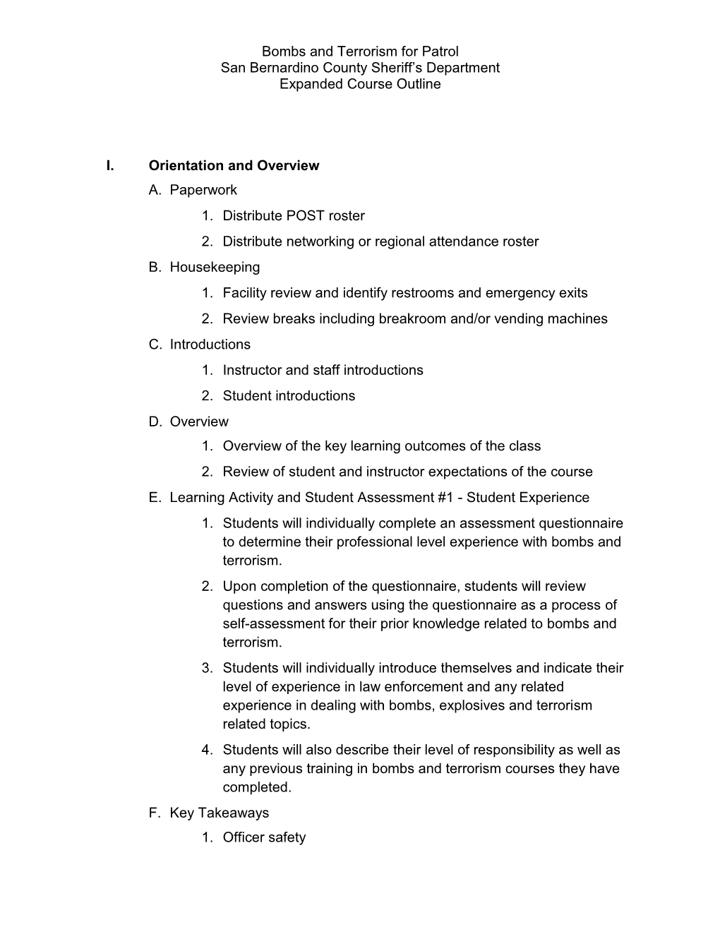 Bombs and Terrorism for Patrol Course Outline