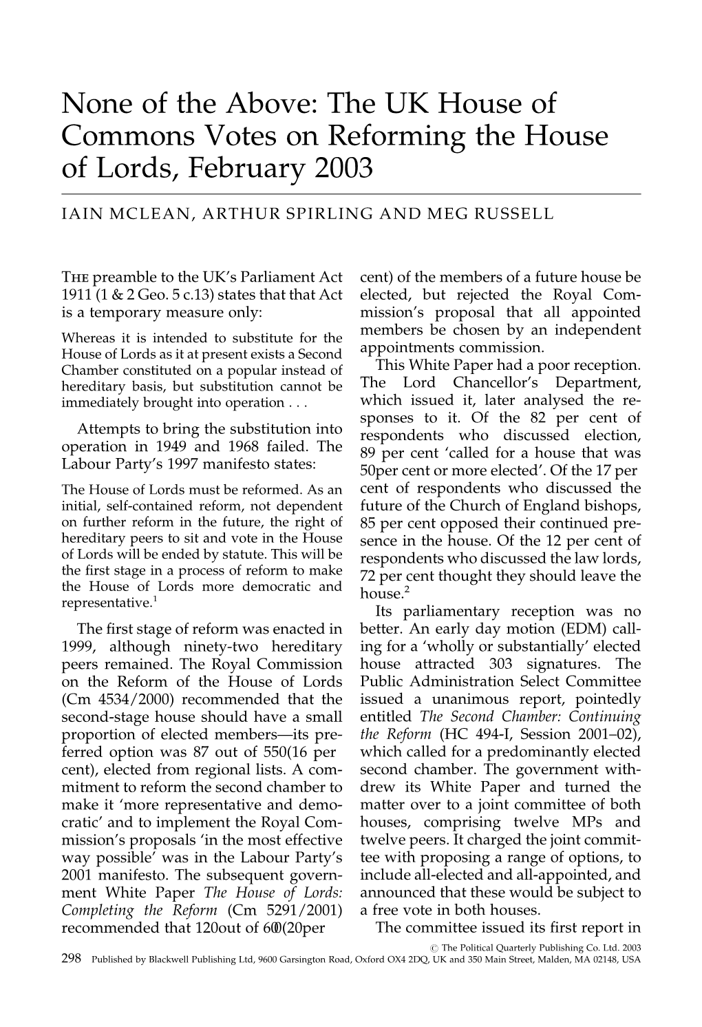 None of the Above: the UK House of Commons Votes on Reforming the House of Lords, February 2003