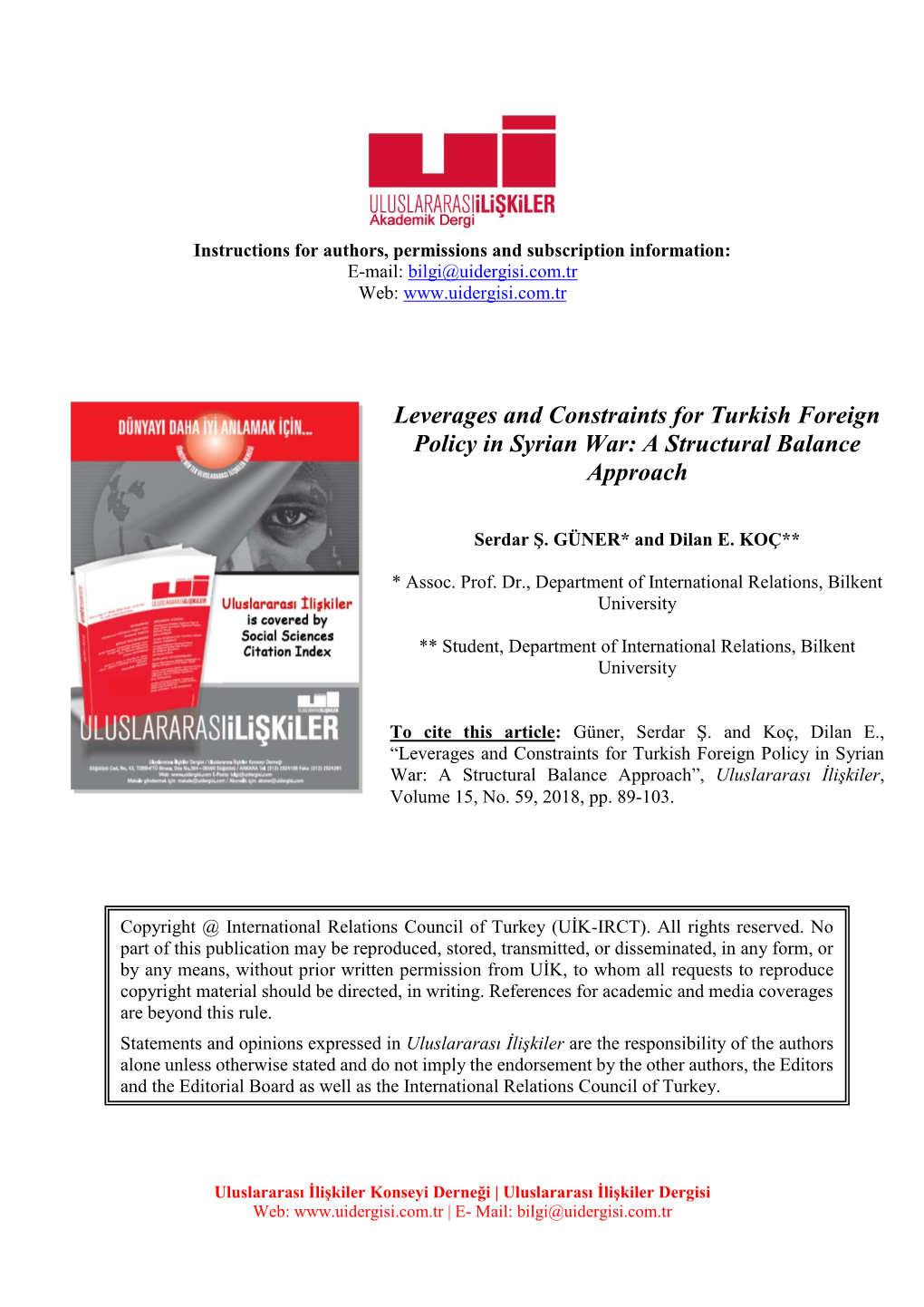 Leverages and Constraints for Turkish Foreign Policy in Syrian War: a Structural Balance Approach