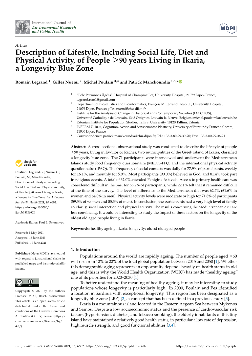 Description of Lifestyle, Including Social Life, Diet and Physical Activity, of People ≥90 Years Living in Ikaria, a Longevity Blue Zone