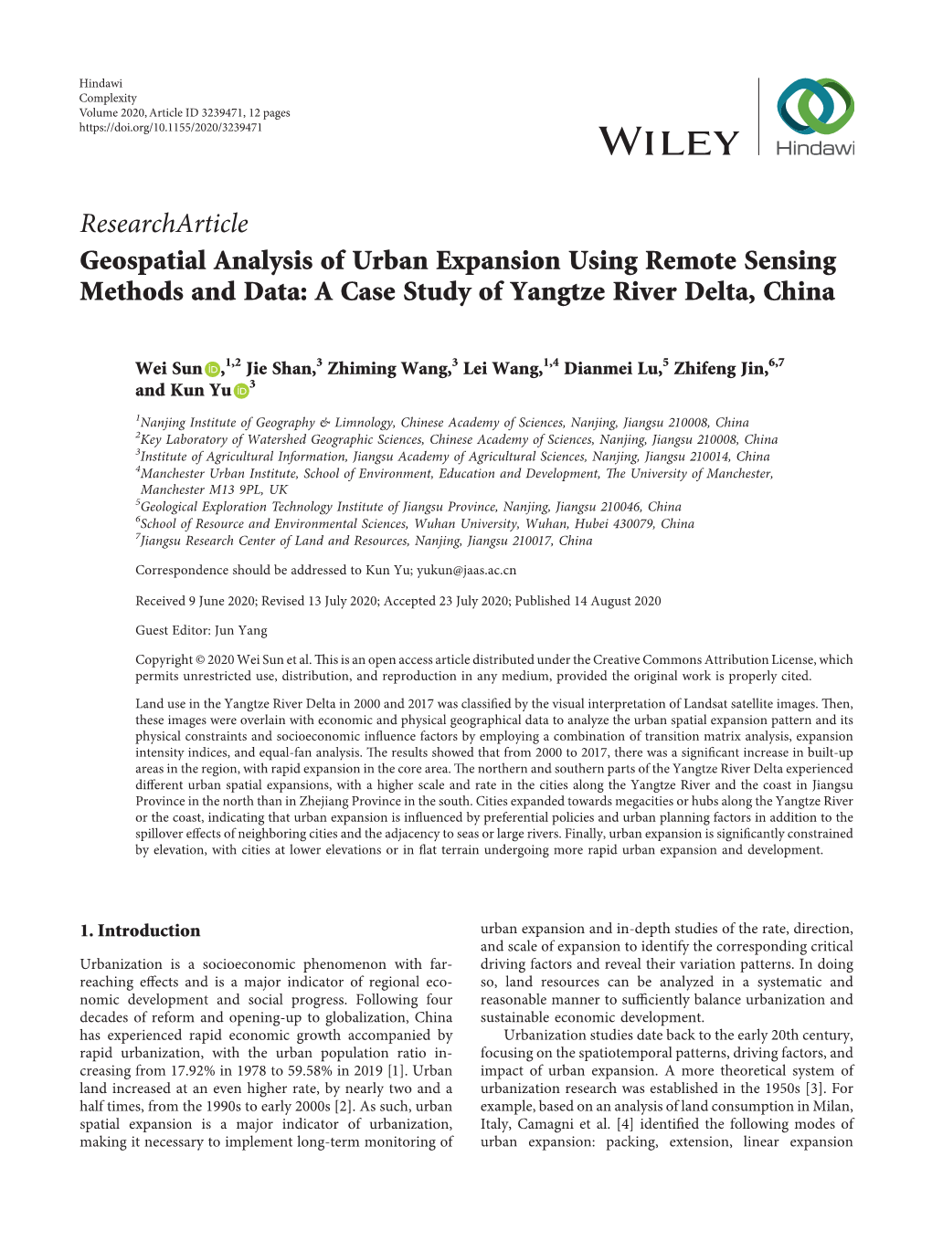 Researcharticle Geospatial Analysis of Urban Expansion Using Remote Sensing Methods and Data: a Case Study of Yangtze River Delta, China