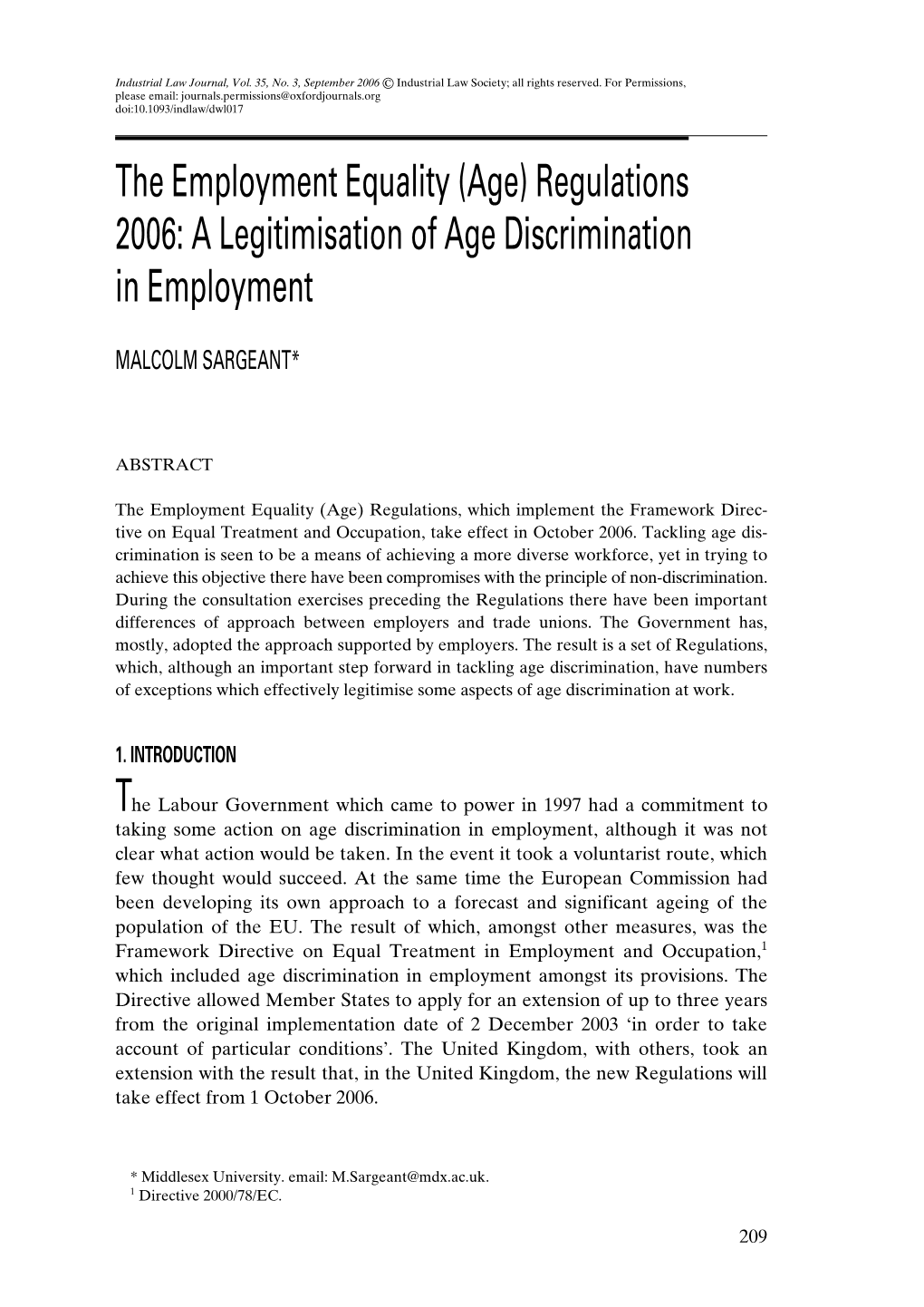 The Employment Equality (Age) Regulations 2006: a Legitimisation of Age Discrimination in Employment