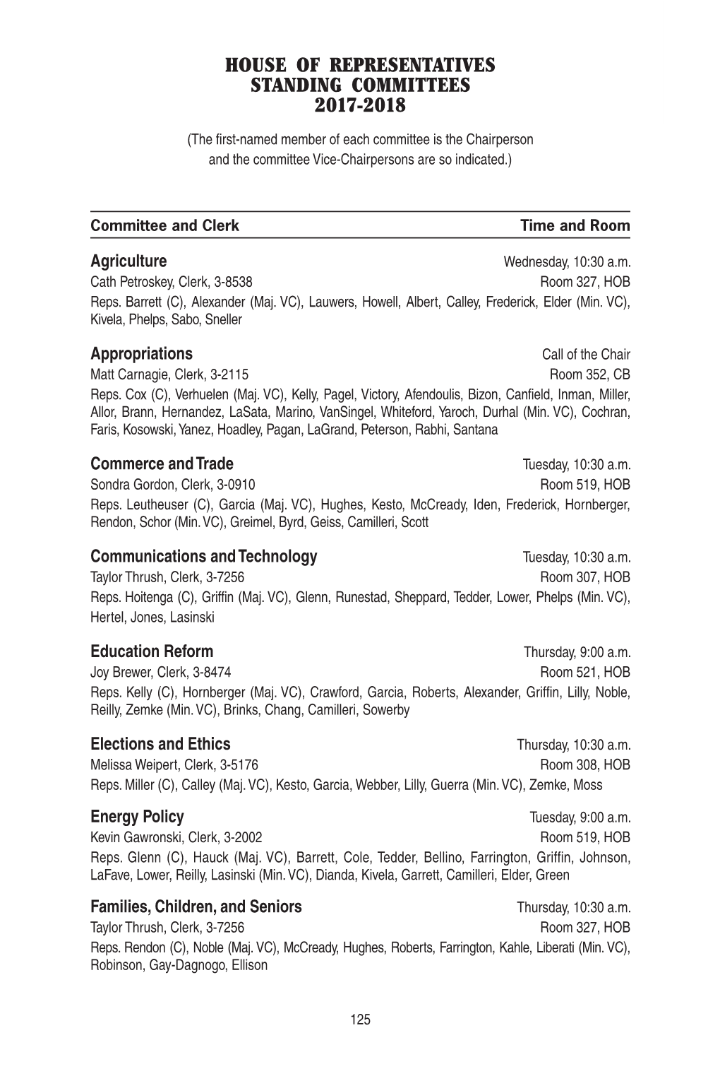 House of Representatives Standing Committees 2017-2018