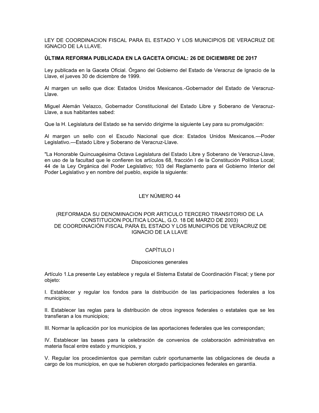 Ley De Coordinación Fiscal Para El Estado Y Los Municipios De Veracruz-Llave;