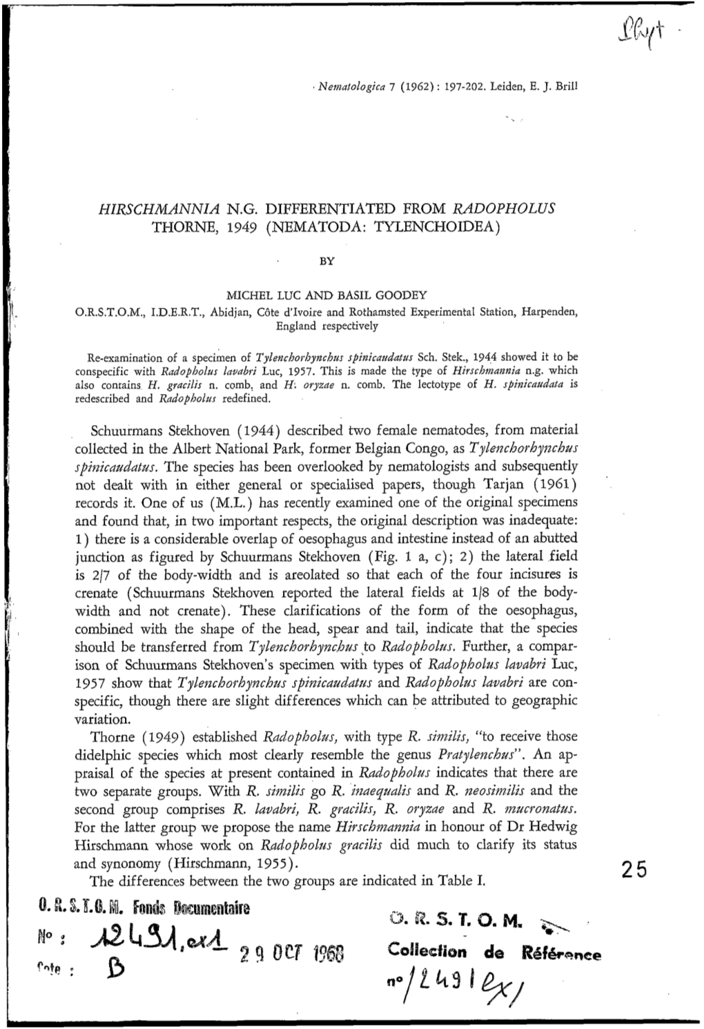 Hirschmannia Ng Differentiated from Radopholusthorne, 1949