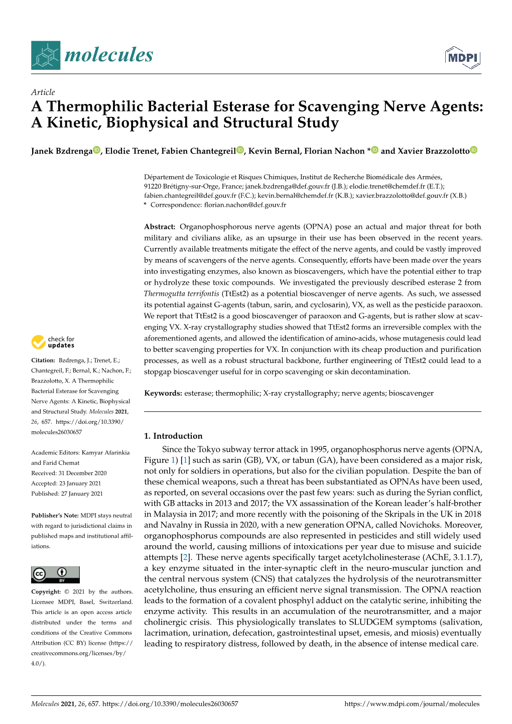 A Thermophilic Bacterial Esterase for Scavenging Nerve Agents: a Kinetic, Biophysical and Structural Study